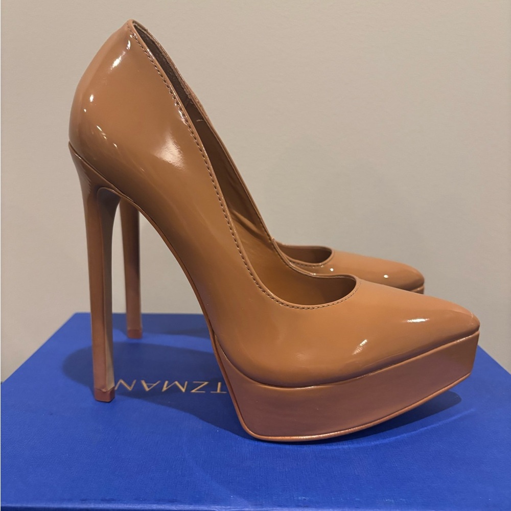 Tan Aldo Patent Platform Heels